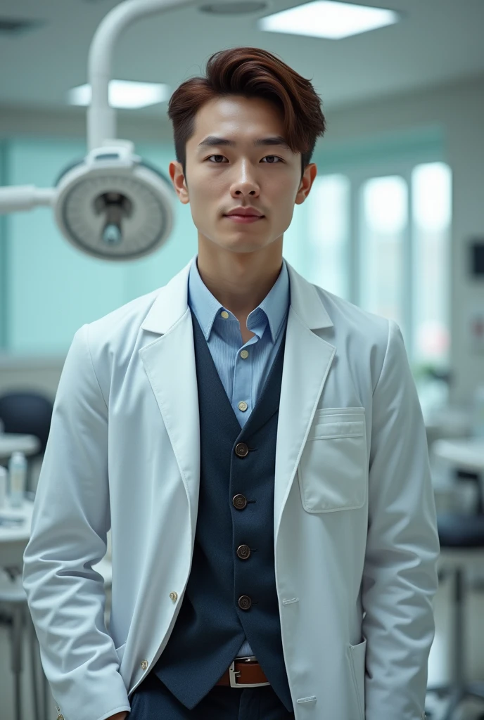 male 25 years old. offwhite. black eyes. chestnut hair. formal outfit. Dentist&#39;s coat.