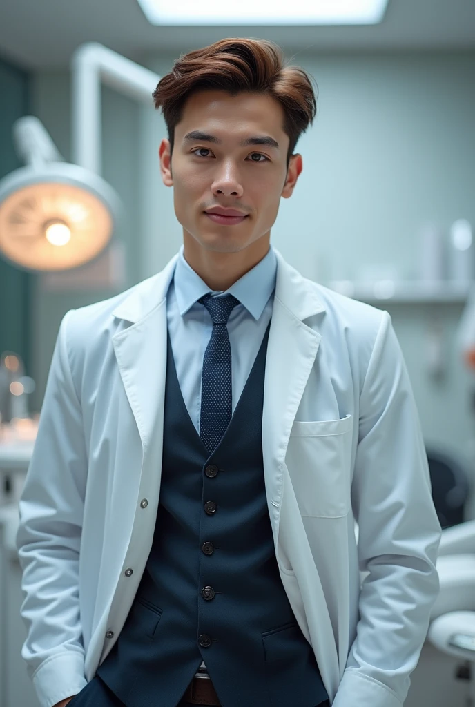 male 25 years old. offwhite. black eyes. chestnut hair. formal outfit. Dentist's coat.
