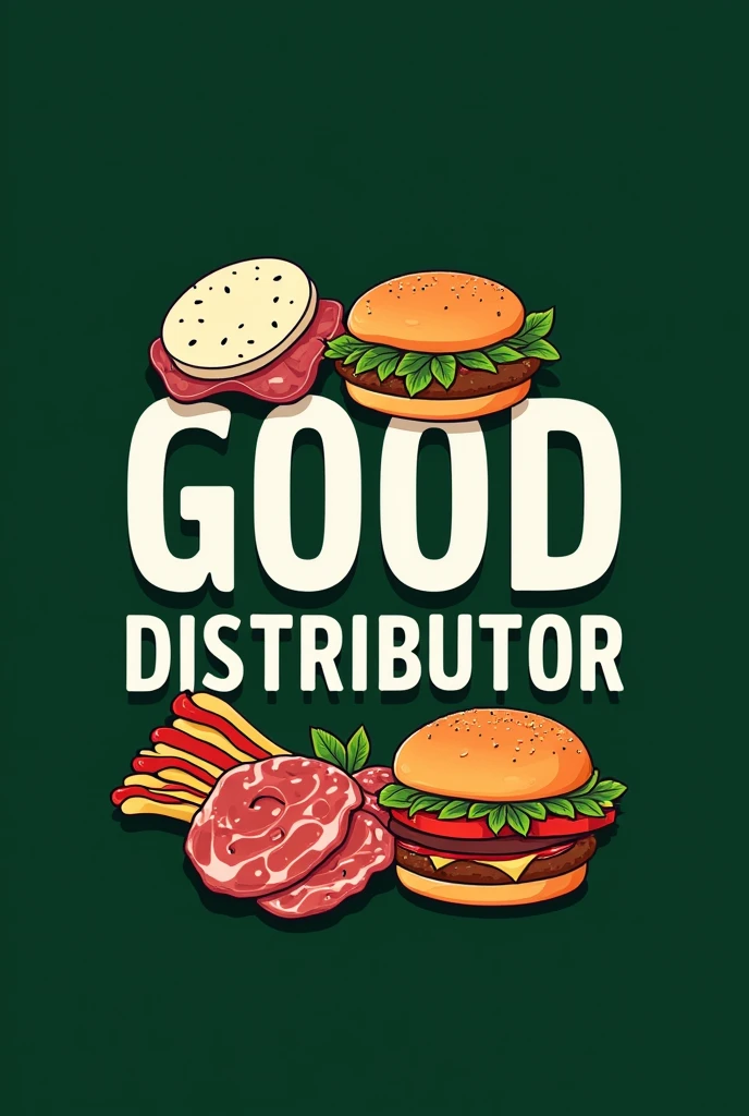 Create a logo "GOOD DISTRIBUTOR" written in white, with a very dark green background and a drawing of hamburger buns, sliced mozzarella drawing, sliced ham drawing, pepperoni and bacon 