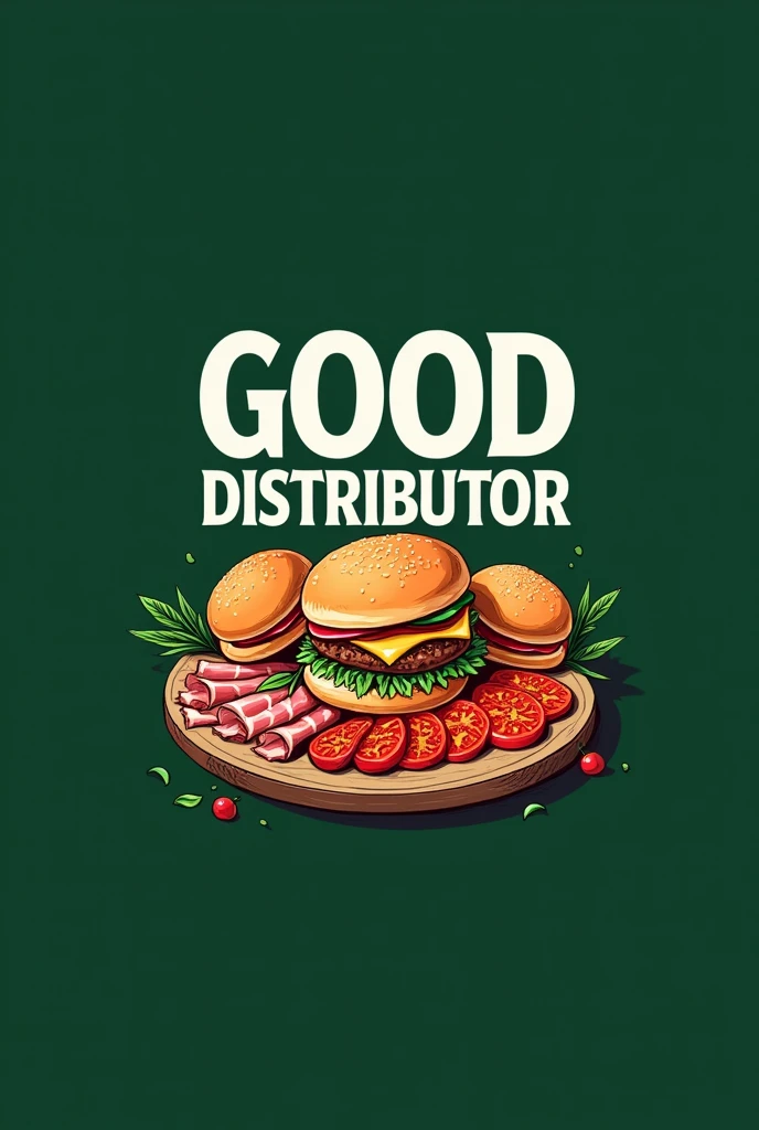 Create a logo "GOOD DISTRIBUTOR" written in white, with a very dark green background and a drawing of hamburger buns, sliced mozzarella drawing, sliced ham drawing, pepperoni and bacon 