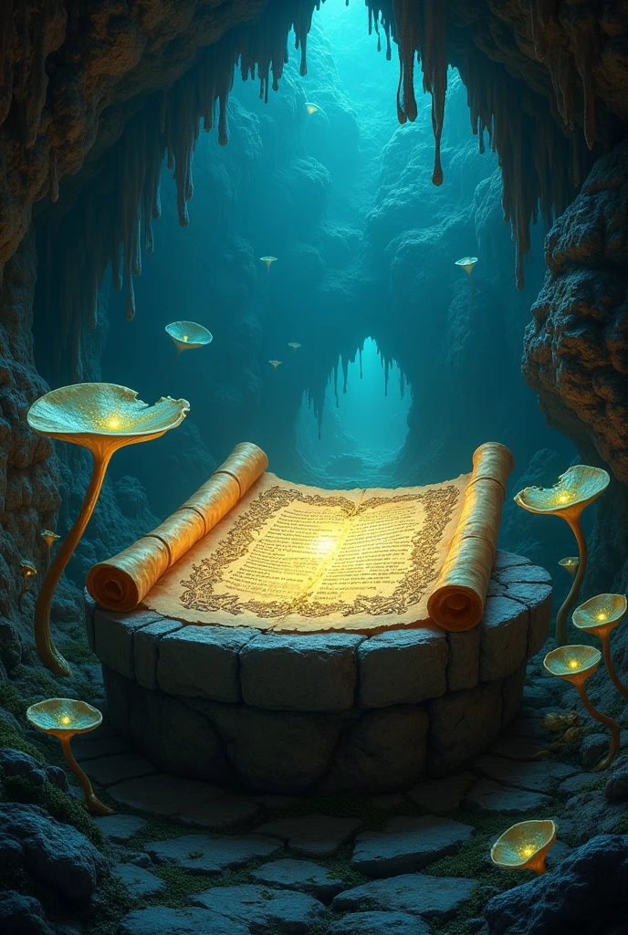 An open scroll in the middle of an illuminated cave