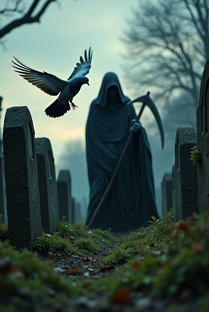 Racing Pigeon flying in a cemetery with Grim Reaper on the back ground 