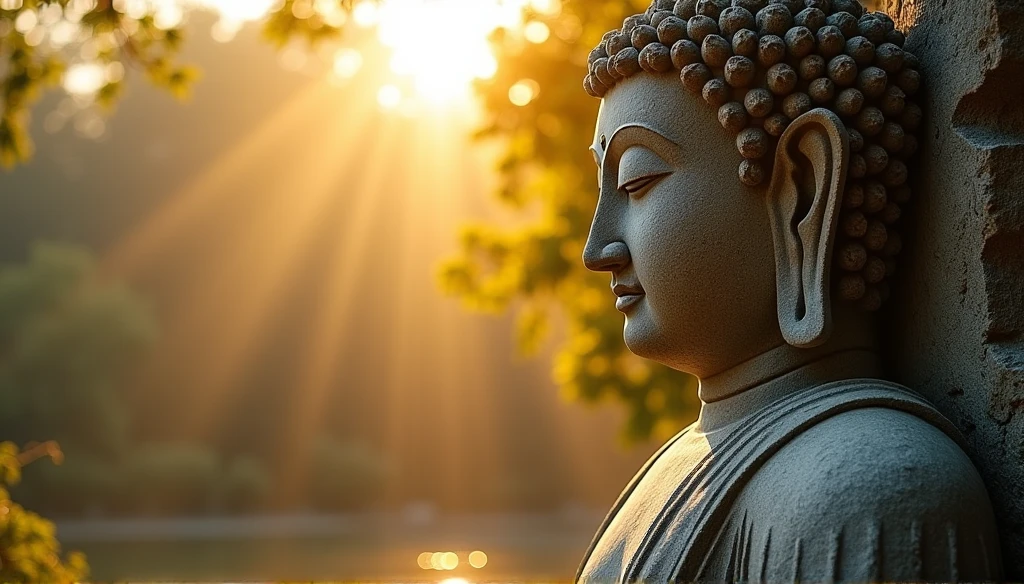 BUDDHA STATUE, stone, Texture, Tall, Majestic, The background is illuminated by sunlight，inverted image，Lateral face