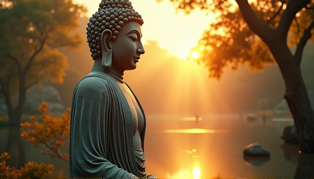 BUDDHA STATUE, stone, Texture, Tall, Majestic, The background is illuminated by sunlight，inverted image，Lateral face