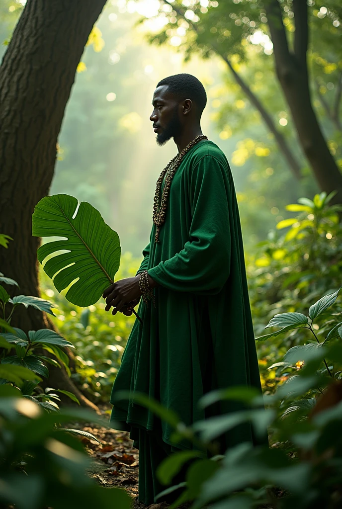 Orisha black man warrior short hair green clothes holding a leaf in his hand in the middle of the dense forest