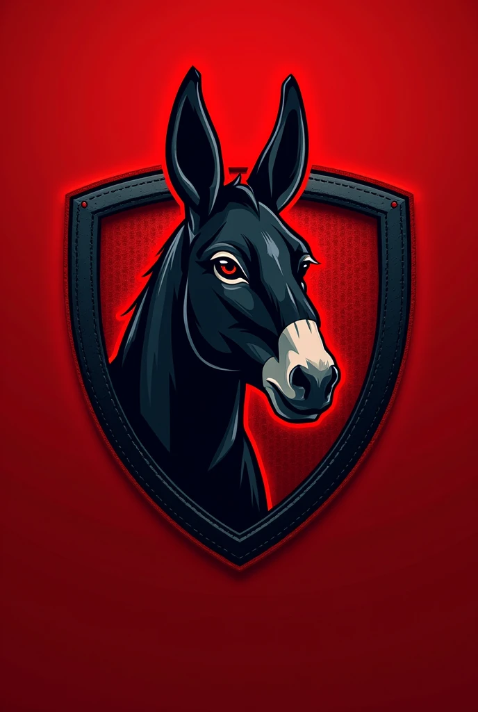 create a team shirt shield with a donkey in black and red colors 
