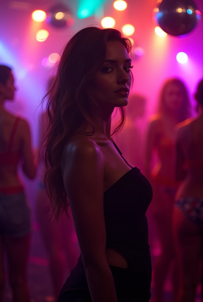 A Brazilian woman in a glittering nightclub, wearing a tight, low-cut dress, with a close-up of the seductive lines of her breasts and the neon lights reflecting off her body, highlighting its charm and the vibe of the night.
