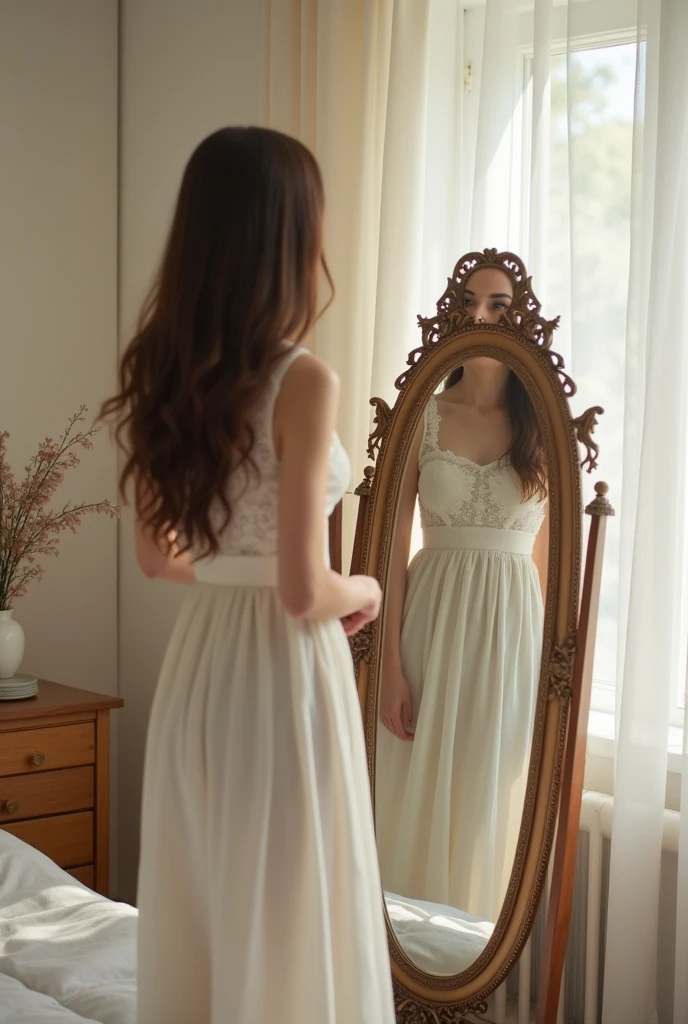 A woman in her room looking at herself in front of a blank mirror