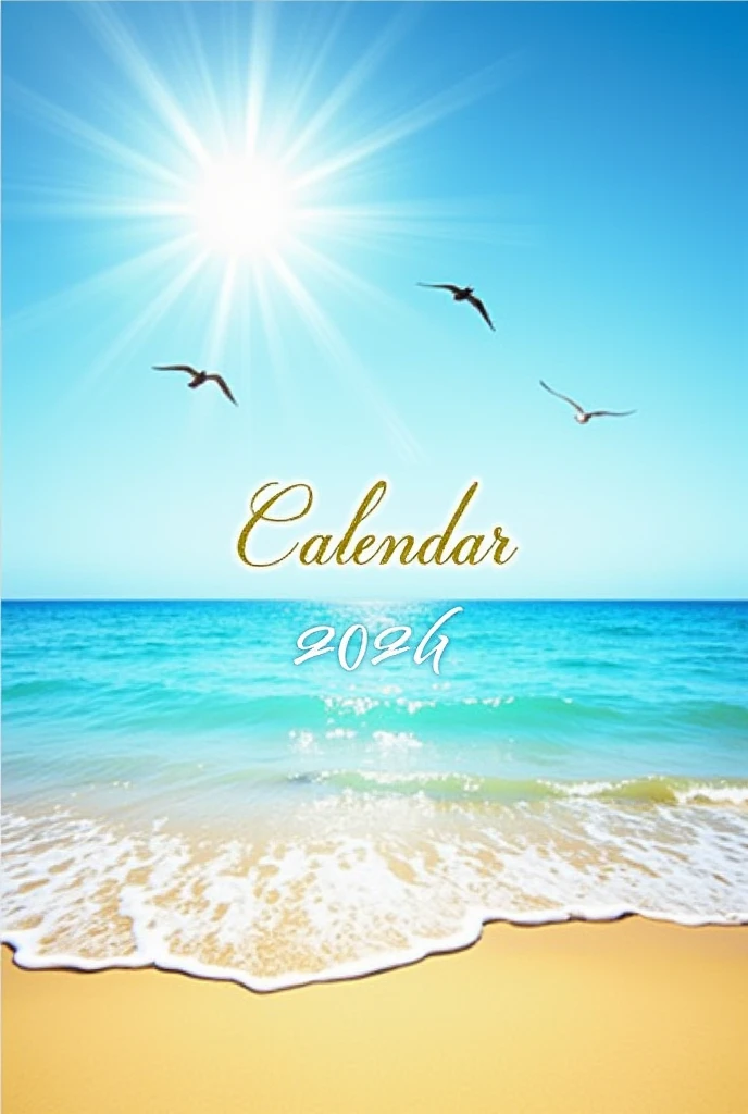 Create a cover with the name "Calendar 2024" with a beach with birds flying in the background without flowers 