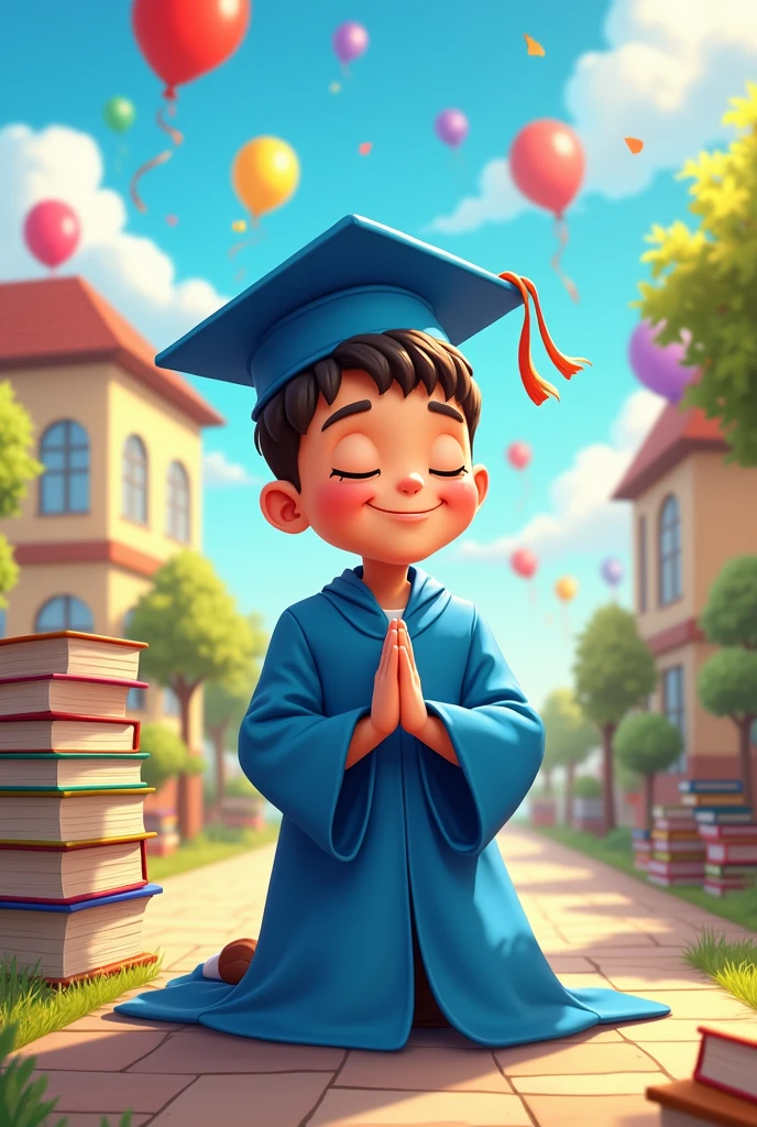 Cartoon of a praying boy dressed in a graduation gown