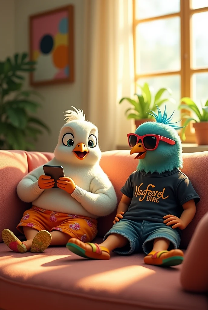 Two pigeons are in an apartment, lounging on the couch. One is scrolling on a phone, and the other is doing the same. One is dressed in shorts, a tank top, and flip-flops. The other is wearing sunglasses, a black rock band t-shirt, shorts, and flip-flops. They're both commenting on something they're watching on their phones, and one of them is laughing.