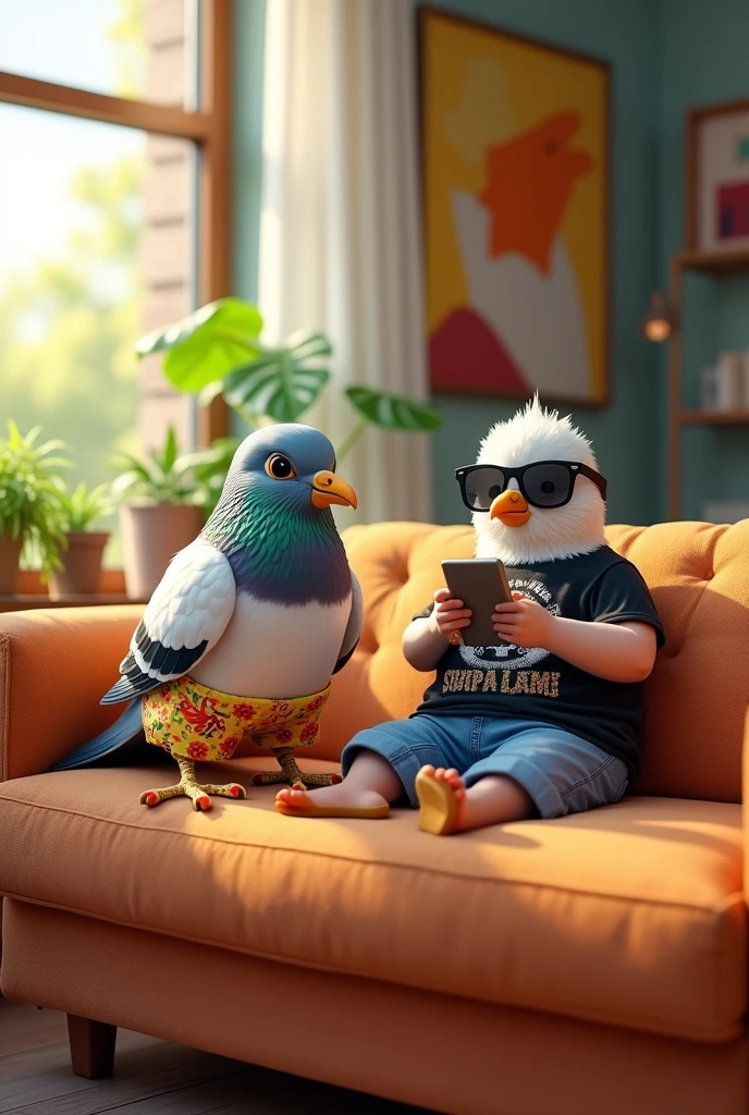 Two pigeons are in an apartment, lounging on the couch. One is scrolling on a phone, and the other is doing the same. One is dressed in shorts, a tank top, and flip-flops. The other is wearing sunglasses, a black rock band t-shirt, shorts, and flip-flops. They're both commenting on something they're watching on their phones, and one of them is laughing.
