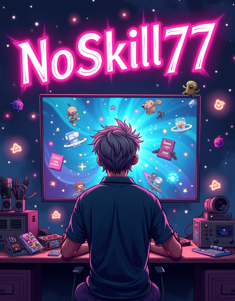 a cartoon image with the word NoSkill77 with theme in video games and dark universe (that is not a teenager)