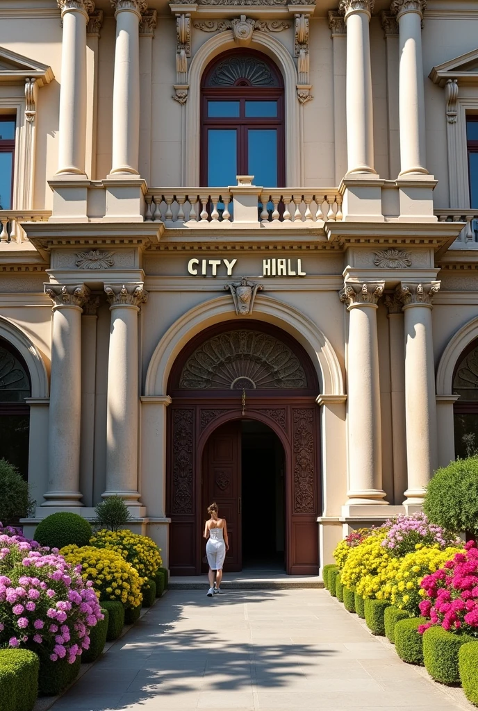 facade of a town hall seen from the front, Written: city hall
