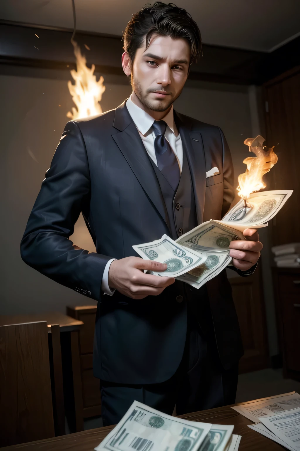 A 30 year old man, suit dress, holding a handful of bills, but they are burning in their own hands. The man looks desperate and doesn't know what to do with the fire in his hand..