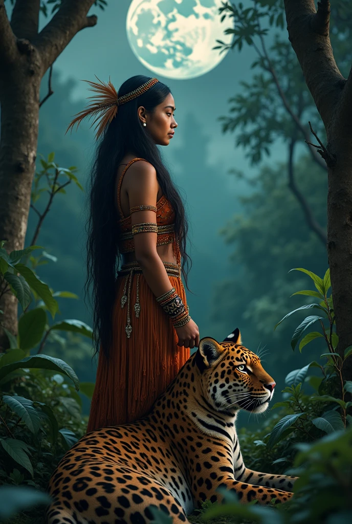 Creating an indigenous woman in the forest with a jaguar and a bow and arrow in her hand under the moonlight