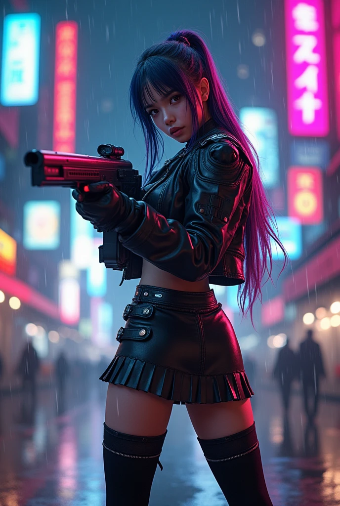 Futuristic cityscape at night with neon lights and rain reflecting on wet streets. Centered is a fierce female character named "Rain" in a dynamic pose, shooting a futuristic machine gun. She is dressed in a cyberpunk-inspired schoolgirl outfit: a black leather miniskirt, thigh-high stockings, and high-heeled shoes. Her top is a schoolgirl blouse with metallic and vinyl details. She wears a leather jacket with metallic shoulder pads and high-tech accessories. Her long, straight hair is vibrant, and she has striking metallic makeup. The poster's top has the title "Alien Romulus" in bold, stylized letters, and the bottom has a catchy tagline like "Face the Future. Survive the Chaos."