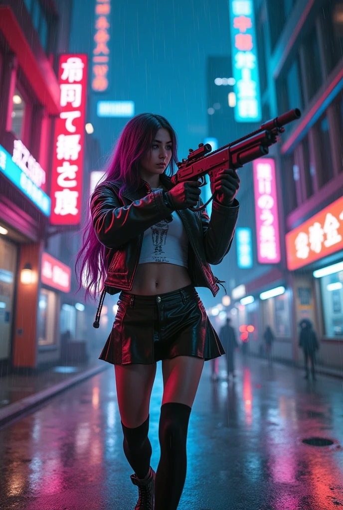 Futuristic cityscape at night with neon lights and rain reflecting on wet streets. Centered is a fierce female character named "Rain" in a dynamic pose, shooting a futuristic machine gun. She is dressed in a cyberpunk-inspired schoolgirl outfit: a black leather miniskirt, thigh-high stockings, and high-heeled shoes. Her top is a schoolgirl blouse with metallic and vinyl details. She wears a leather jacket with metallic shoulder pads and high-tech accessories. Her long, straight hair is vibrant, and she has striking metallic makeup. The poster's top has the title "Alien Romulus" in bold, stylized letters, and the bottom has a catchy tagline like "Face the Future. Survive the Chaos."