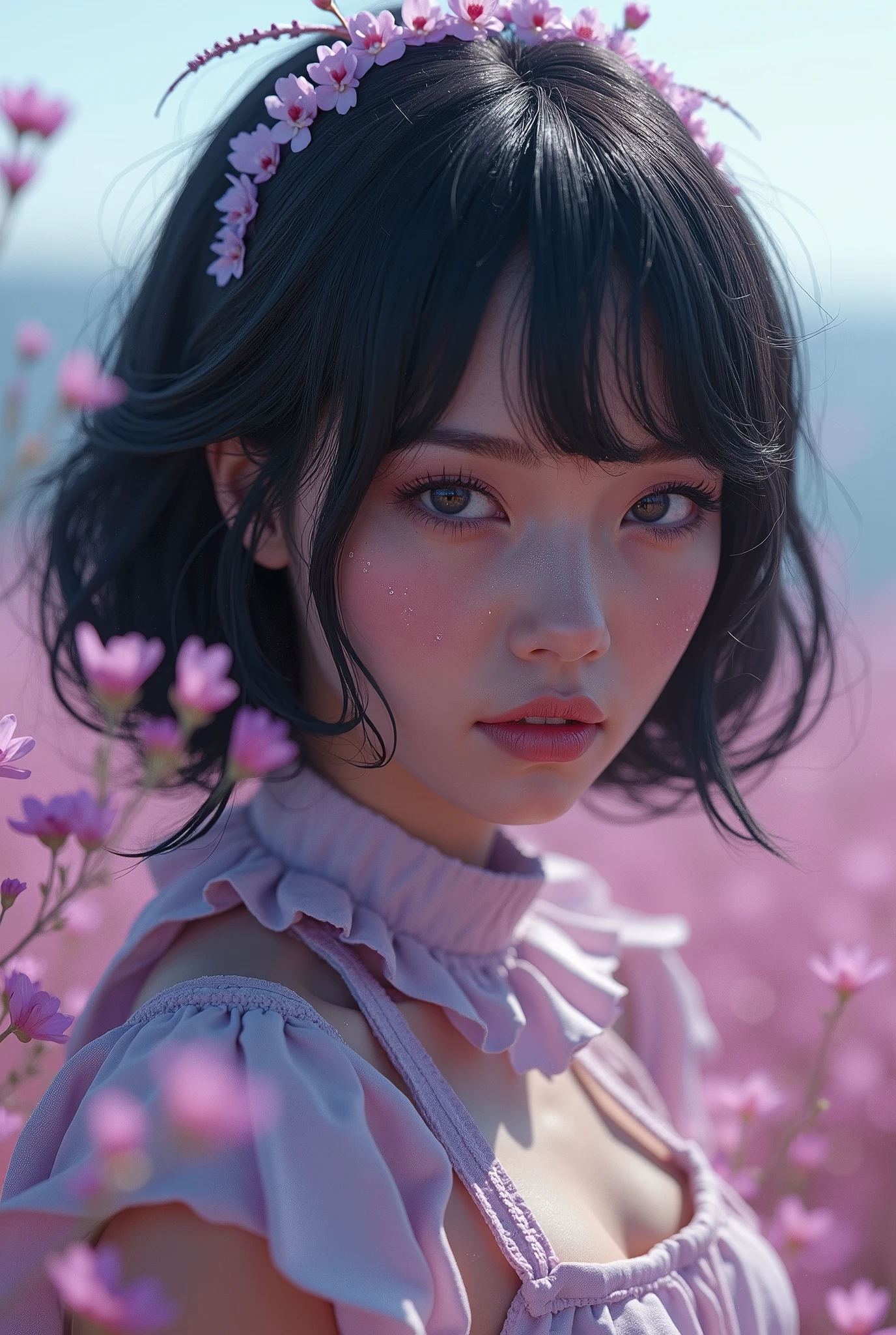realistic artwork, extremely real image in 4k, A technological woman, (((black hair with white purple highlights))), bright and perfect eyes, ((perfect and delicate Brazilian face)), levitation powers, floating in mid - air, (gazing at viewer), Perfectly symmetrical body, perfect hands, magra fitness, (((Small seios small1.1 pointed))), mix of flower field with futuristic city in the background
