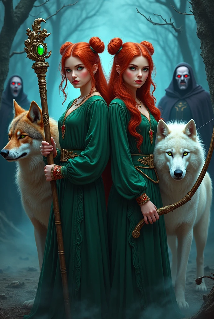 fantasy book cover. Two witch sisters of approximate age. The first sister has red hair tied in two buns and green eyes., carries a large staff with a green emerald stone on the tip. The second sister has long, loose red hair and green eyes., carries a bow and arrow studded with rubies. Two wolves protect them, the first wolf has brown fur and black eyes. The second wolf has white fur and red eyes..
In the background of the image a group of vampires hide in the shadows so that only their pairs of red eyes are visible..