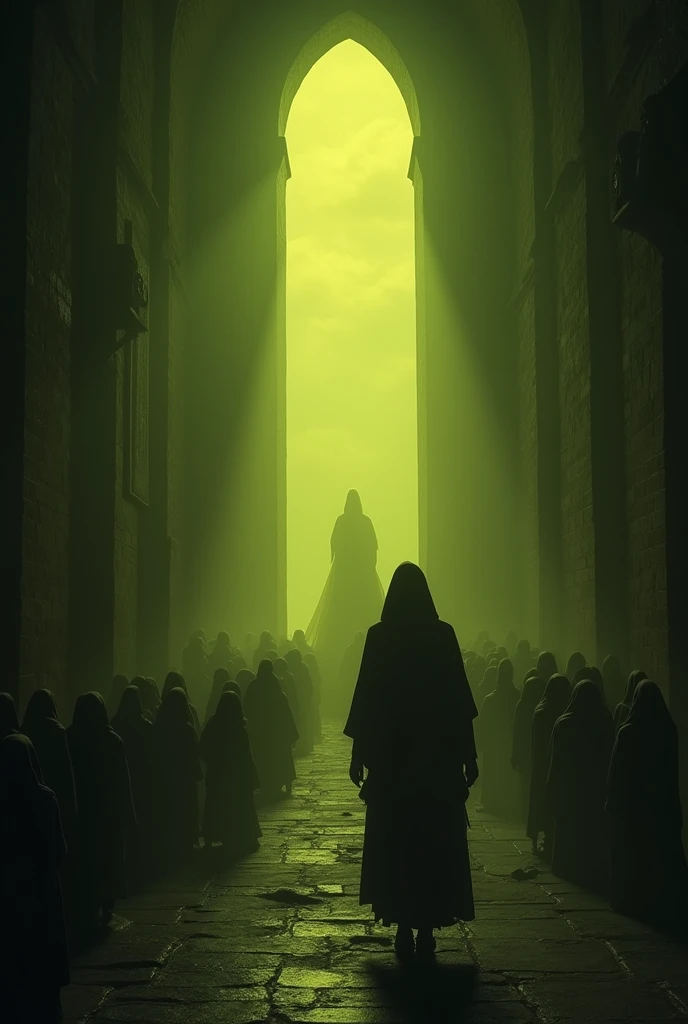 A realistic horror image, inside a tall chapel, the image must show inside the ireja, the lighting is yellowish, dark greenish and dark, horror ambience, in the picture is Leon, trying to save Ashley Graham, No fundo, there are strange people in rural clothes inside a tall ancient chapel praying to a god