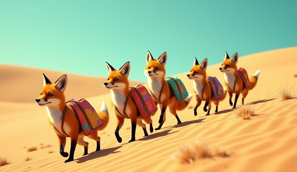5 FEARLESS FOXES IN A DESERT WITH SUITCASES CONTINUING THEIR JOURNEY