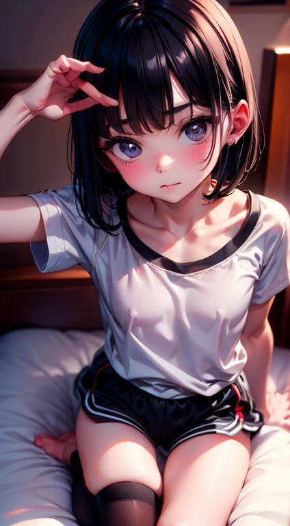 One Woman, alone, alone Focus, Cowboy Shot, Portraiture,, Beaver,((Black Hair)), Short Bob, Very fine eye, work, old Japanese gym clothes、((Bloomers))、White shirt、 (Small TI quality, Very detailed,Bedroom、Lying in bed