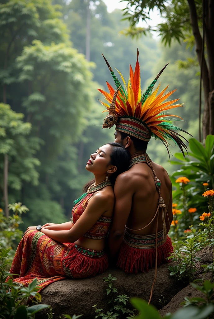 A couple who wear a traditional png cloths.this two cute couple sitting beside the jungle and the lady put her head on the boy shoulder. They both have their head dress made in birds feathers.
