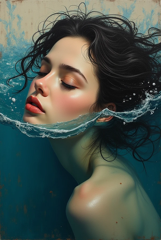 painting of a woman's face with a partially submerged face, expressive beautiful painting, an expressive oil painting, intricate and wet oil paint, oil on canvas big brushstrokes, emotional oil painting, oil painting with brushstrokes, intricate and intense oil paint, expressive rustic oil painting, oil painting on matte canvas, sensual painting, beautiful portrait oil painting