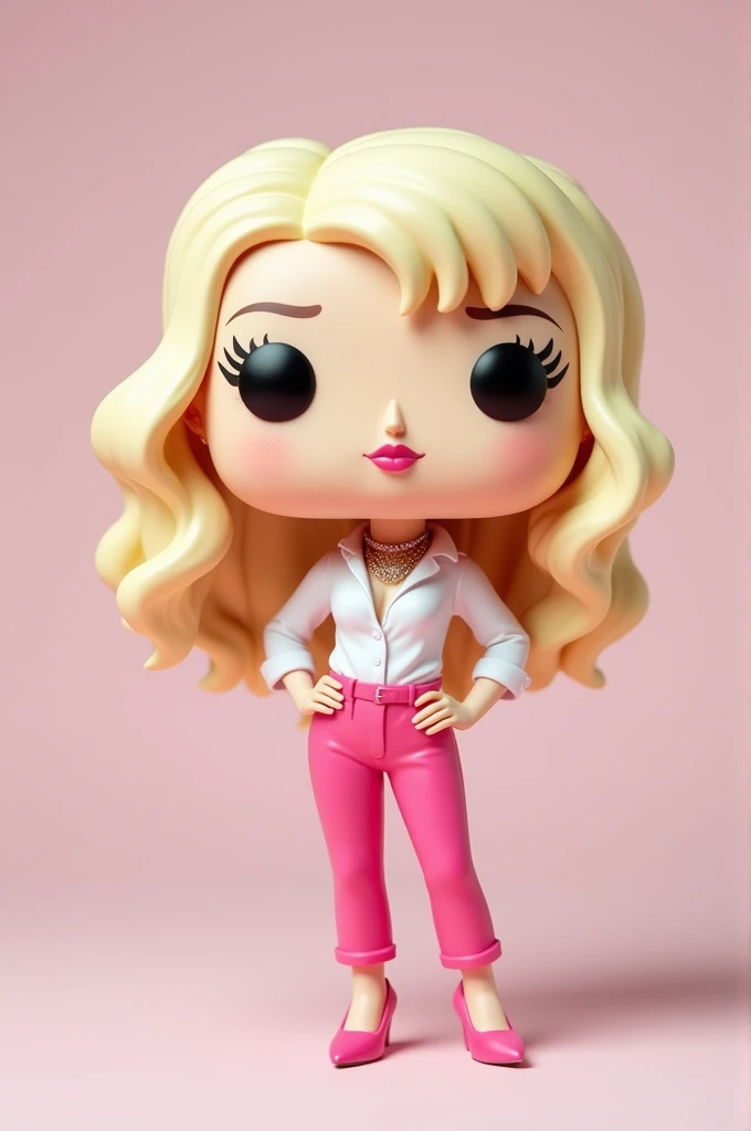 Make a Funko Pop of a White-Skinned Human Woman, hair with highlights, pink lipstick,with pink pants, white shirt, with necklace and high heels. no tattoos.