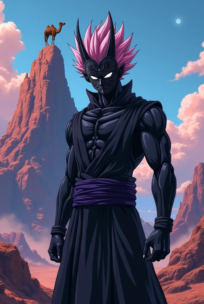 Goku black with an ambu mask and that looks a bit like Ichigo's and Kaneki's, that you can only see half of his body and the mask covers his entire face and that he can be seen from the front and the landscape is as if they had thrown a camel on a mountain and that it is anime