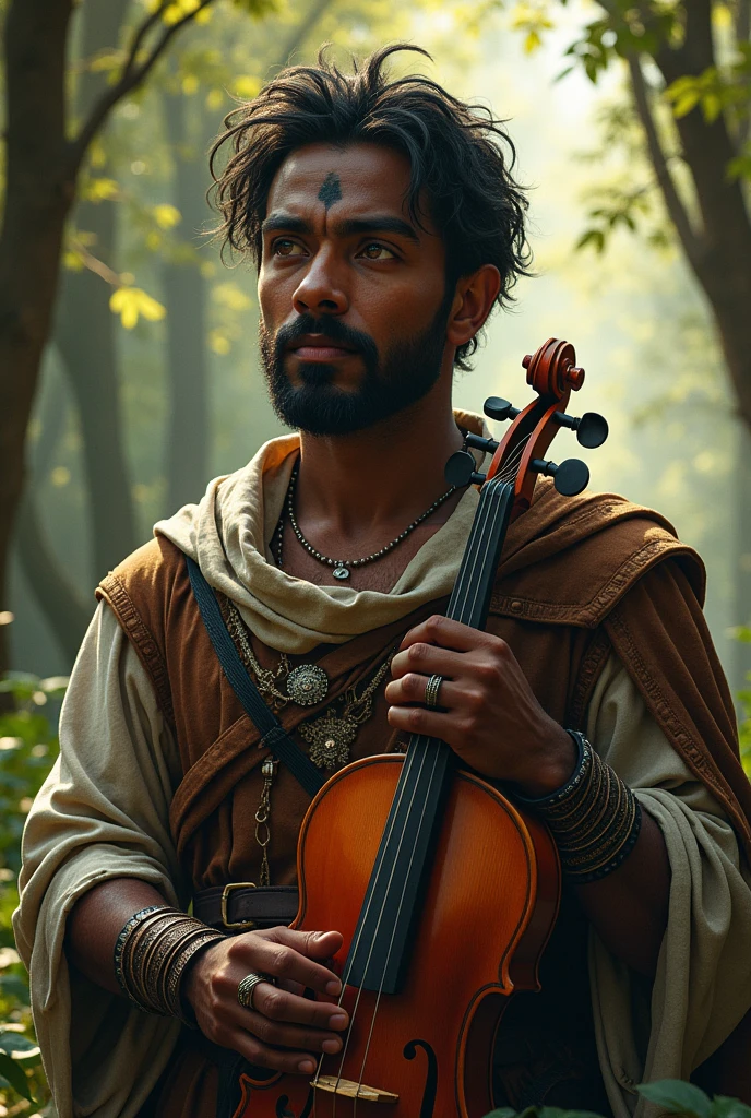a dark man, with a white lock, with amber eyes, dark-skinned, in high resolution, with a goatee and a horizontal scar on his nose. athletic body, in a medieval rpg outfit and plays the violin