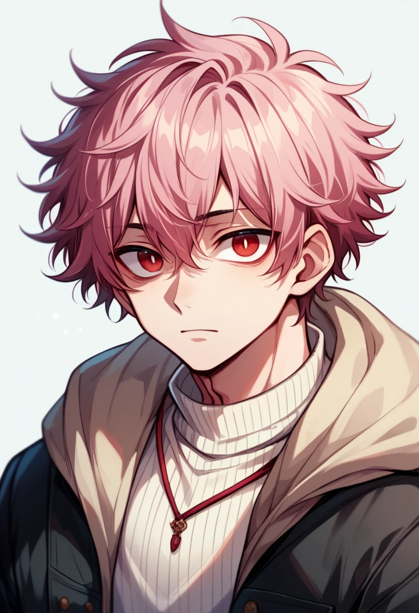 A boy, reddish pink hair, fluffy shot hair ,Her skin is somewhat pale , rectangular eyes, red eyes,Her clothes are a beige sweater, Black pants , Neutral facial expression , from head to toe,stopped, he is alone , 1 boy 