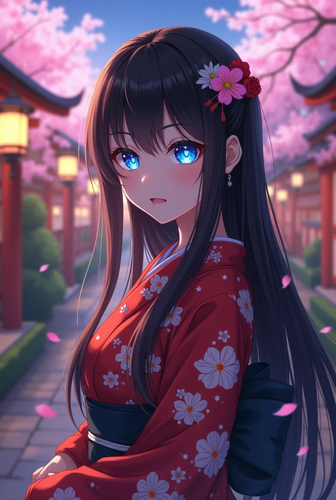 Adult female anime,phosphorescent blue eyes traditional Japanese costume, dark brown hair nice body
