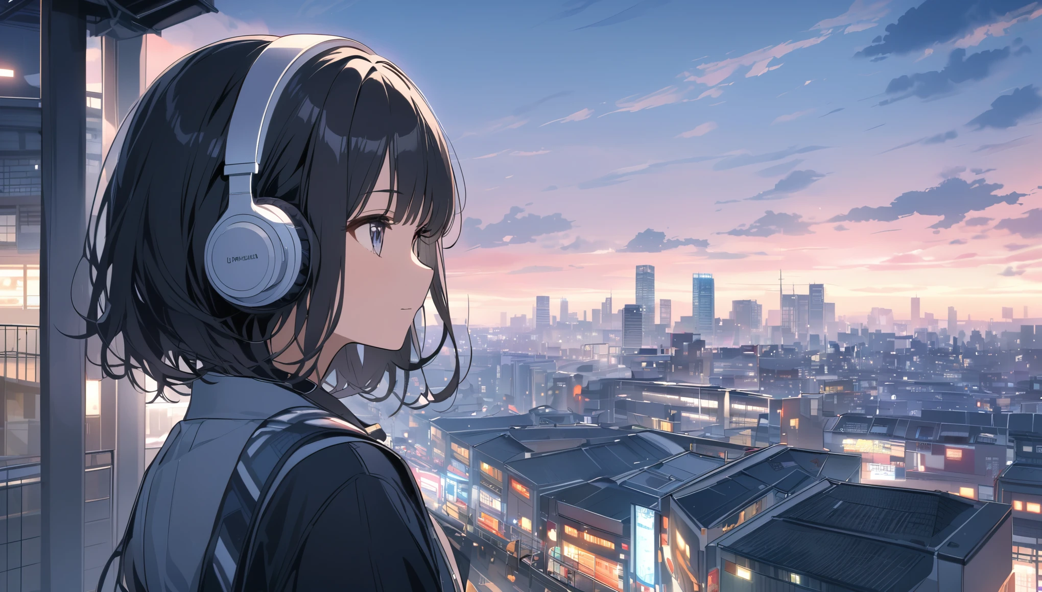 Black haired woman with headphones looking at the city of Tokyo,Streetscape、listen to music、Japanese