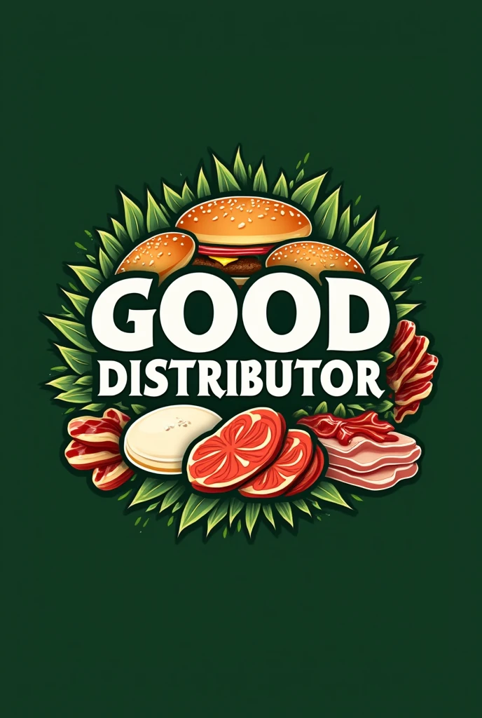 Create a logo "GOOD DISTRIBUTOR" written in white, with a very dark green background and a drawing of hamburger buns, sliced mozzarella drawing, sliced ham drawing, pepperoni and bacon 