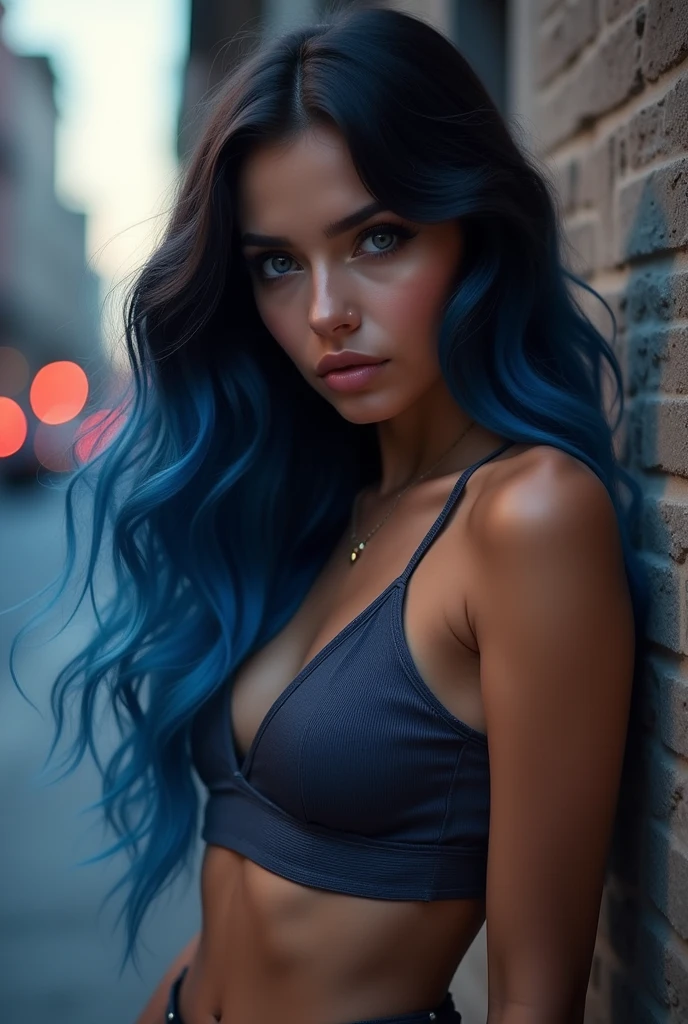 masterpiece), 1girl, solo, mature, sexy, highly detailed face and eyes, professional makeup, sleeveless cropped top, skirt, blue-black dual tone long hair, glowing blue eyes
