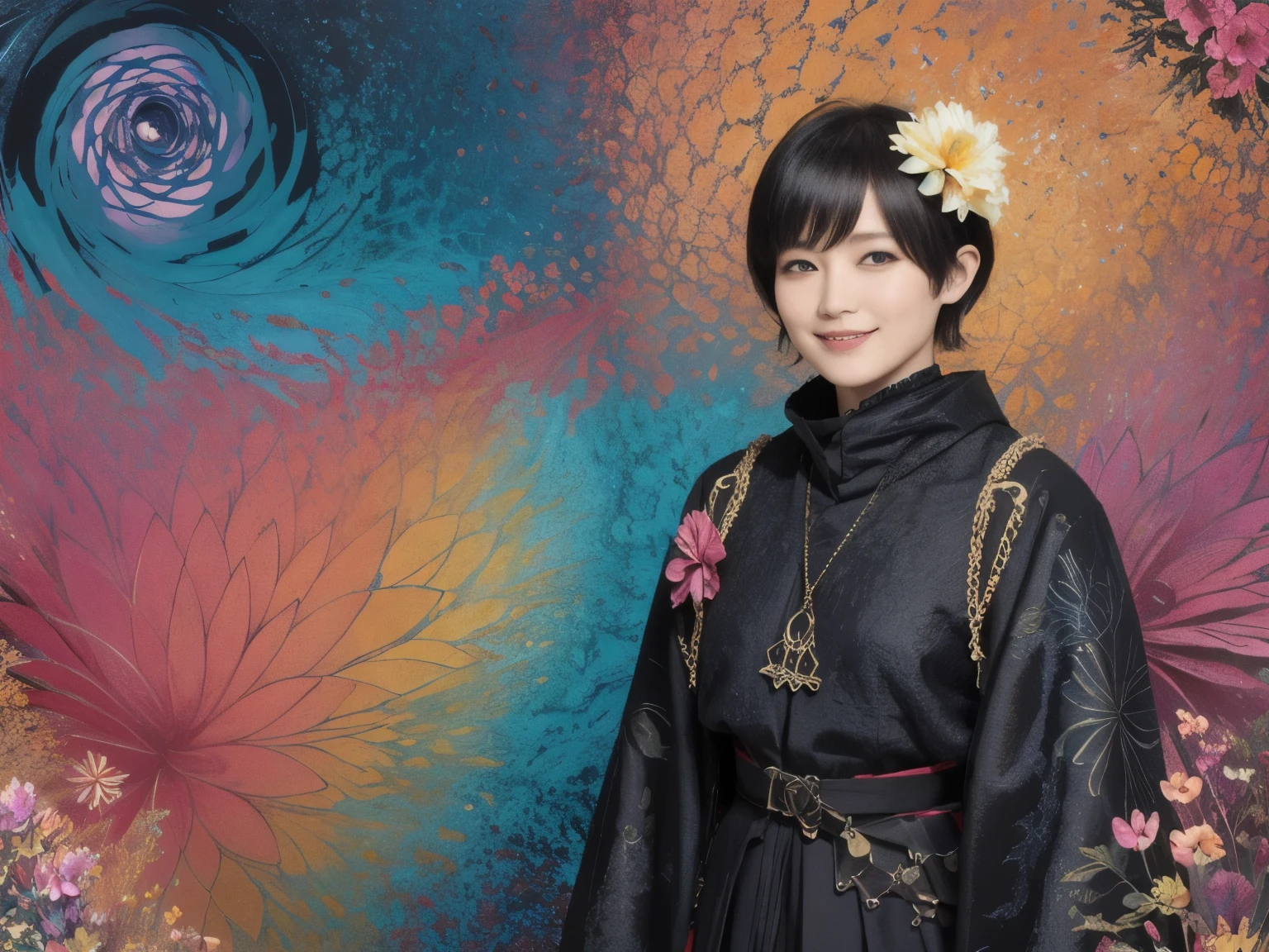 273 (20-year-old woman,Short Hair), (aesthetic:1.2), (Fractal Art:1.1), (flower:1.3), whole body, (Abstract background:1.3), (Many colors:1.4), (Archaic Smile), (Hawaii), (Wave:1.1)
