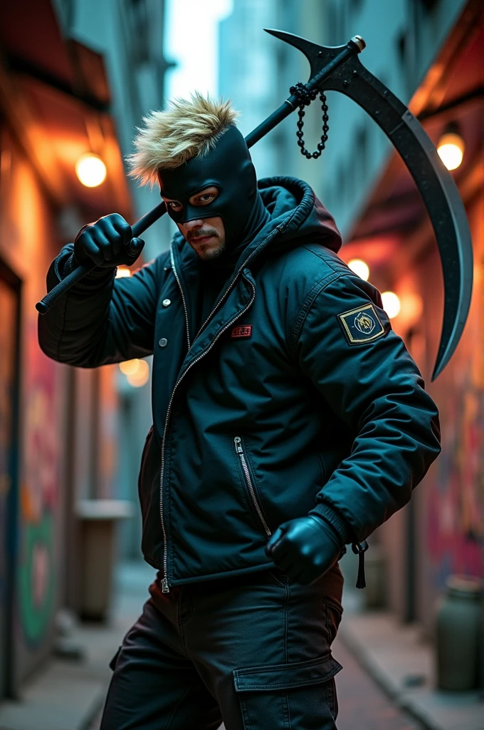 Masked Man, blond hair, streetwear suit using punches and a scyte