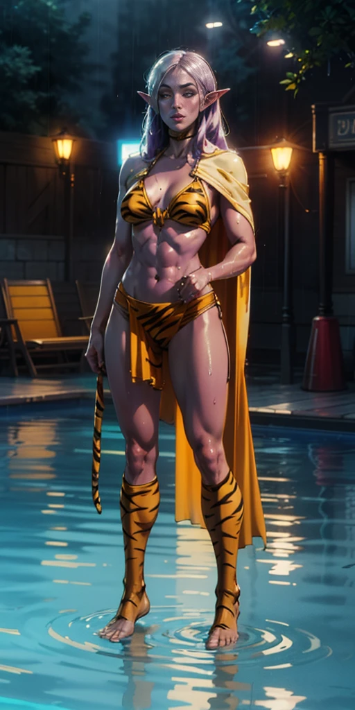 Full body, masterpiece, 1solofemale drow elf purple skin standing pose (yellow tiger bikini) red cape, red bikini, long white hair, strong body, abs, Ultra Quality, shiny skin, Atmospheric, 8K, Cinematic ((Street background)) BREAK, sunglasses (wet rainy, wet by rain, wet body :1.2) ultra-detailed face, detailed lips, detailed eyes, double eyelid, sensual low-necked dress, open neckline, hanging breasts, side pose, visible curves, pool, poolside, red transparent robe, sunglasses, muscular turned leg