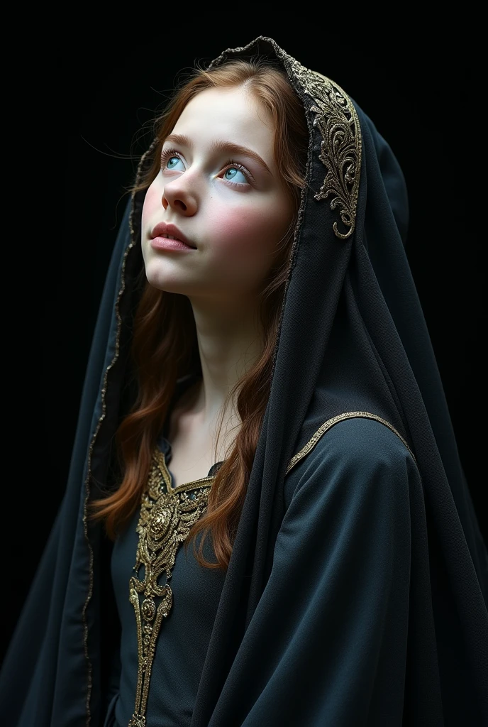 Photorealism、(black background!!!!!), Highest quality、Ultra-high resolution、The most beautiful lord of the rings young!!!!! 10!!!! year old arwen、(very extremely!!!!!! beautiful!!!!!!! highly detailed 10!!!!!!! year old young face)、medium size Breasts、thin .(Translucent white!!!!! skin!!!!!). german!!!!!, Big bright blue eyes. brown hair. (frontal shot!!!!!), (she is looking up!!!!), (body half in shadow!!!!!!), ( beautiful detailed elf dark!!!!!_white!!!!! gown!!!!! with golden details), (beautiful detailed dark!!!!!_white!!!! veil!!!!!! over head with golden details and lots of folds!!!), (bright topdown!!!!!! light!!!!!), (dark shades!!!!!!), contrapposto!!!!!!!!!!!!!!!!!, (receding into the dark!!!!!!!!!!!!), (tilted!!!!!!! head!!!!!!!)