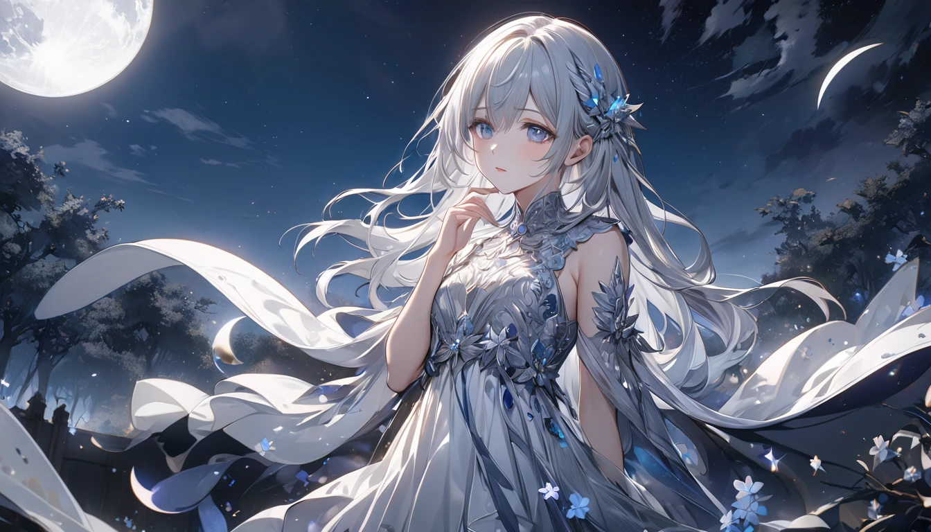 **296. One person。Personification of the moon。The mysterious and silent embodiment of the moon。Cowboy shot or close-up。
masterpiece, best quality, ultra detailed (Detailed fingers), (Emotional), (Breathtakingly beautiful),
(main part: 1.2 Whole body。), (Anime Style), (Very detailed), (Moon Personification),
(超High resolution, High resolution), (8k), (High resolution: 1.2), (Complex and beautiful: 1.2)**
- background: Full moon shining in the night sky、star々A landscape dotted with。
- Personification: Young woman, around 18 years old、Wearing a silver dress that reflects the moonlight。
-pose: Quietly looking up at the sky、Enveloped in moonlight。
-expression: Mysterious and calm、A facial expression that symbolizes the silence of the night。
- Effects: The moonlight spreads softly、Creates a fantastic atmosphere in the night sky。
-color: Silver and dark blue、A hue that symbolizes the coldness and silence of the moon。