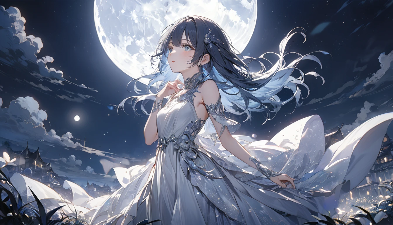 **296. One person。Personification of the moon。The mysterious and silent embodiment of the moon。Cowboy shot or close-up。
masterpiece, best quality, ultra detailed (Detailed fingers), (Emotional), (Breathtakingly beautiful),
(main part: 1.2 Whole body。), (Anime Style), (Very detailed), (Moon Personification),
(超High resolution, High resolution), (8k), (High resolution: 1.2), (Complex and beautiful: 1.2)**
- background: Full moon shining in the night sky、star々A landscape dotted with。
- Personification: Young woman, around 18 years old、Wearing a silver dress that reflects the moonlight。
-pose: Quietly looking up at the sky、Enveloped in moonlight。
-expression: Mysterious and calm、A facial expression that symbolizes the silence of the night。
- Effects: The moonlight spreads softly、Creates a fantastic atmosphere in the night sky。
-color: Silver and dark blue、A hue that symbolizes the coldness and silence of the moon。