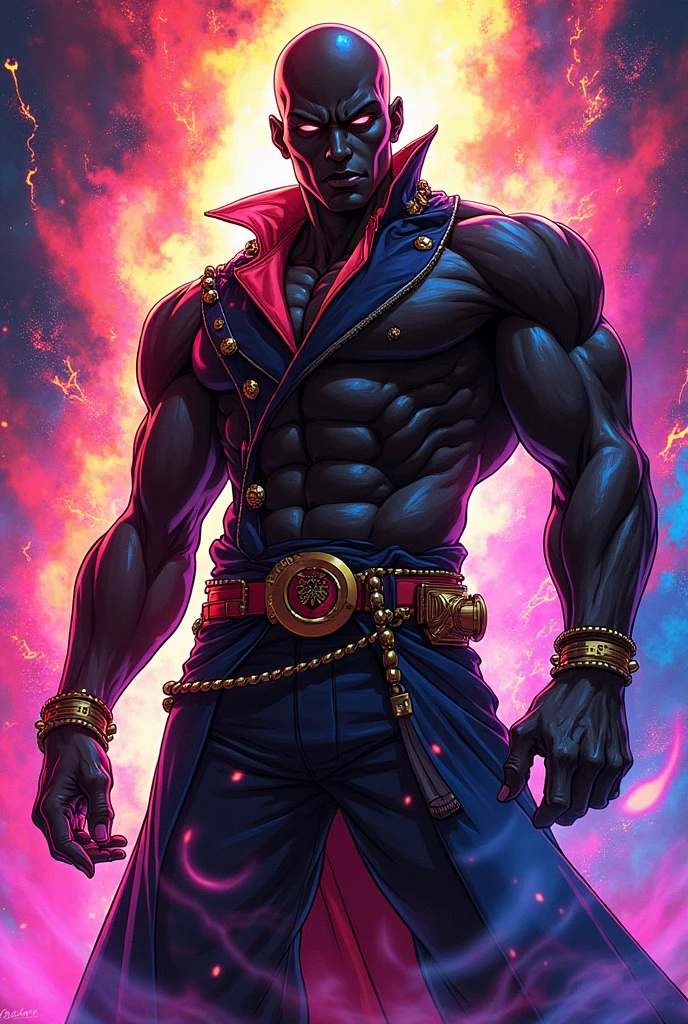 Create a full body illustration of a dark-skinned man, bald in the style of anime jojo