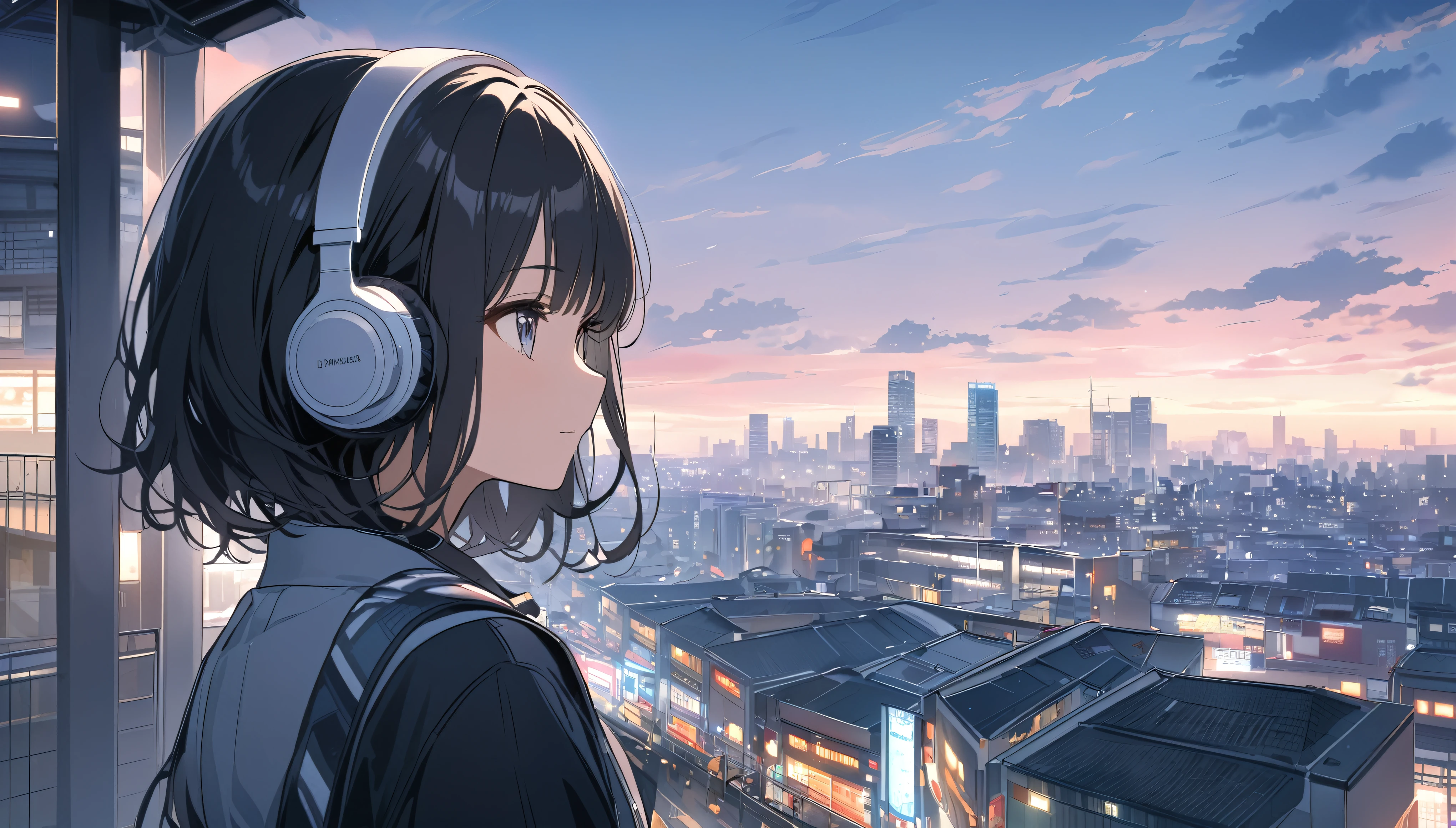 Black haired woman with headphones looking at the city of Tokyo,Streetscape、listen to music、Japanese