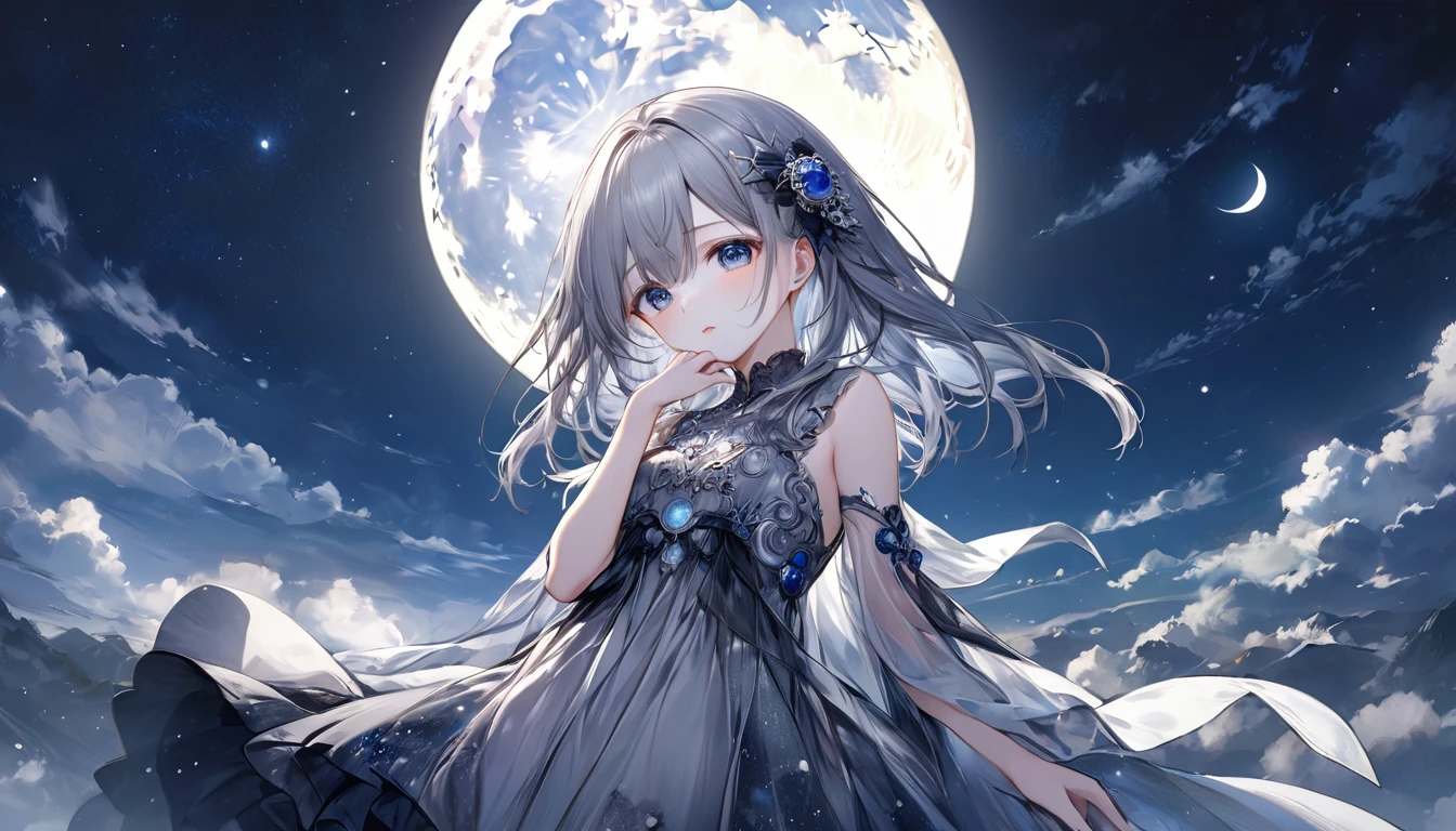 **296. One person。Personification of the moon。The mysterious and silent embodiment of the moon。Cowboy shot or close-up。  
masterpiece, best quality, ultra detailed (Detailed fingers), (Emotional), (Breathtakingly beautiful),  
(main part: 1.2 Whole body。), (Anime Style), (Very detailed), (Moon Personification),  
(超High resolution, High resolution), (8k), (High resolution: 1.2), (Complex and beautiful: 1.2)**
- background: Full moon shining in the night sky、star々A landscape dotted with。
- Personification: Young woman, around 18 years old、Wearing a silver dress that reflects the moonlight。
-pose: Quietly looking up at the sky、Enveloped in moonlight。
-expression: Mysterious and calm、A facial expression that symbolizes the silence of the night。
- Effects: The moonlight spreads softly、Creates a fantastic atmosphere in the night sky。
-color: Silver and dark blue、A hue that symbolizes the coldness and silence of the moon。
