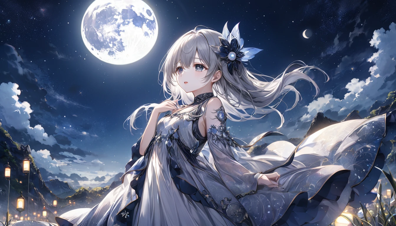 **296. One person。Personification of the moon。The mysterious and silent embodiment of the moon。Cowboy shot or close-up。  
masterpiece, best quality, ultra detailed (Detailed fingers), (Emotional), (Breathtakingly beautiful),  
(main part: 1.2 Whole body。), (Anime Style), (Very detailed), (Moon Personification),  
(超High resolution, High resolution), (8k), (High resolution: 1.2), (Complex and beautiful: 1.2)**
- background: Full moon shining in the night sky、star々A landscape dotted with。
- Personification: Young woman, around 18 years old、Wearing a silver dress that reflects the moonlight。
-pose: Quietly looking up at the sky、Enveloped in moonlight。
-expression: Mysterious and calm、A facial expression that symbolizes the silence of the night。
- Effects: The moonlight spreads softly、Creates a fantastic atmosphere in the night sky。
-color: Silver and dark blue、A hue that symbolizes the coldness and silence of the moon。
