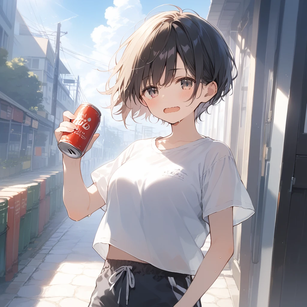 score_9, score_8_up, score_7_up, source_anime, best quality, masterpiece, official art, absurdres, highres, ultra-detailed,waifu2x,Collection: Slice of Life,break,1girl, sprightly girl, short hair, pixie cut, tareme, medium breasts, beautiful detailed eyes, sweat, gym shorts, wavy mouth, open mouth, drink can, outdoors, wind, break,(clear line illustration:1.2), super detailed skin,very high resolution, very aesthetic, Best sexual lighting powered by famous artist, 8k, 16k, cute picture,beauty illustration,photoshop_(medium),,(Detailed Lighting),best anime 8k konachan wallpaper, pixiv contest winner, artist:clamp ,artist:carnelian ,artist:kantoku ,