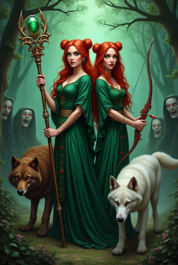 fantasy book cover. Two witch sisters of approximate age. The first sister has red hair tied in two buns and green eyes., carries a large staff with a green emerald stone on the tip. The second sister has long, loose red hair and green eyes., carries a bow and arrow studded with rubies. Two wolves protect them, the first wolf has brown fur and black eyes. The second wolf has white fur and red eyes..
In the background of the image a group of vampires hide in the shadows so that only their pairs of red eyes are visible..