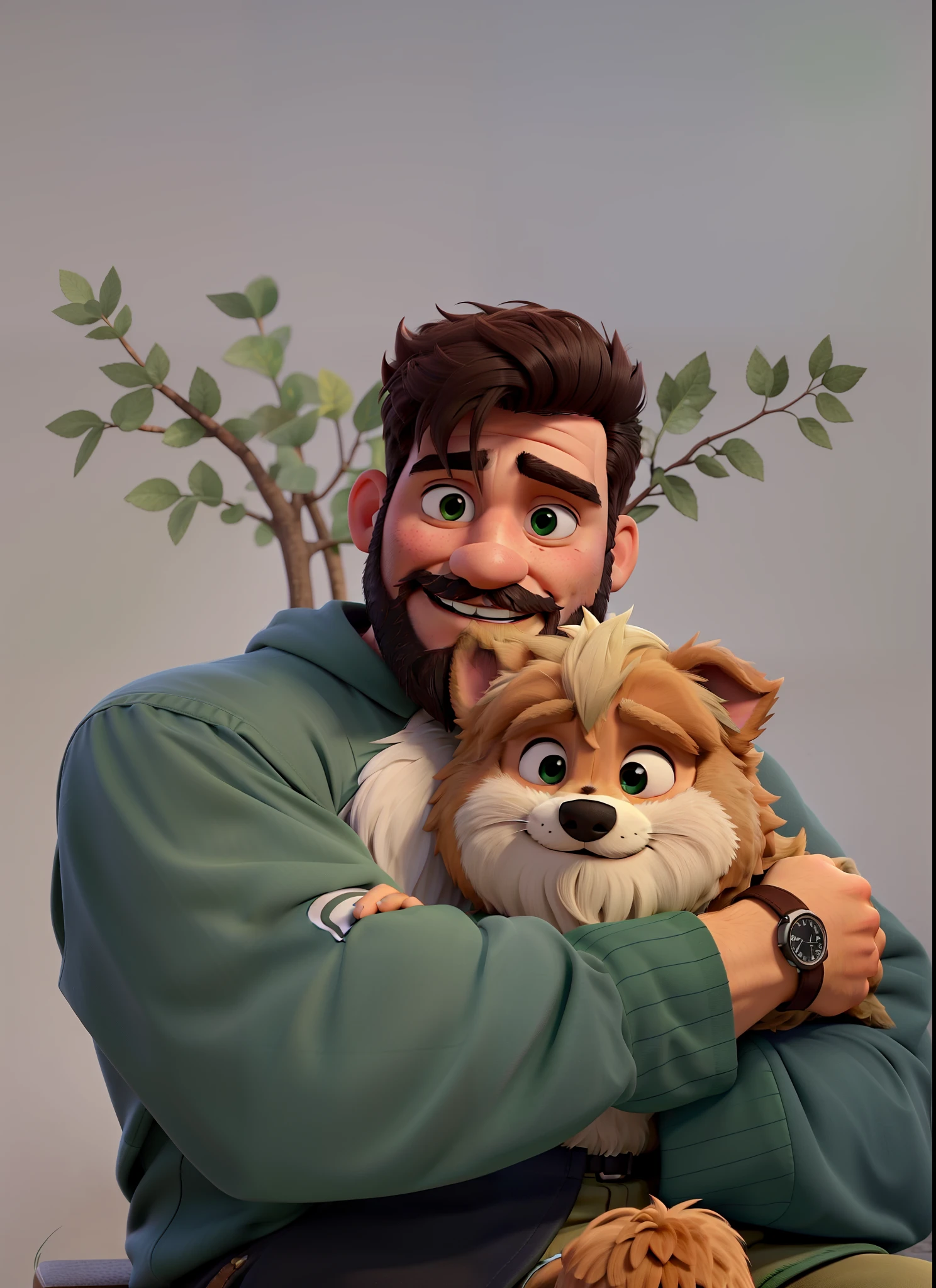 man with a beard and a little furry dog on his lap holding a green shirt and happy I want this image in the best quality and similarity to the real image